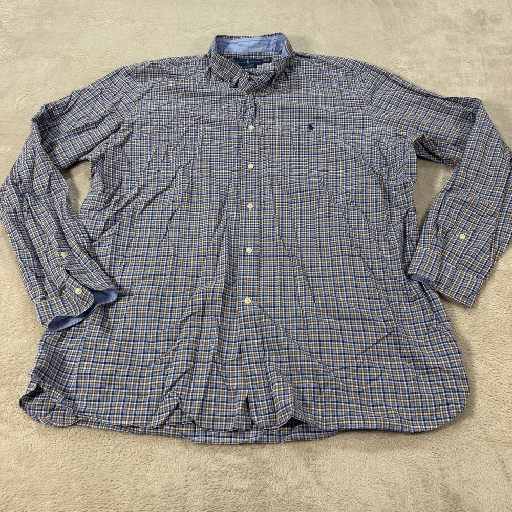Ralph Lauren Mens XXL Blue Brown Plaid Cotton Stretch Button Down Shirt Preppy